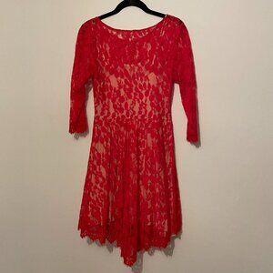 Free People Dress | size 6 red floral lace white lining 3/4 sleeves knee length